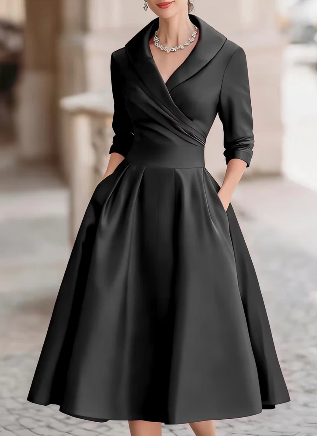 New Black Pleated Midi Dress