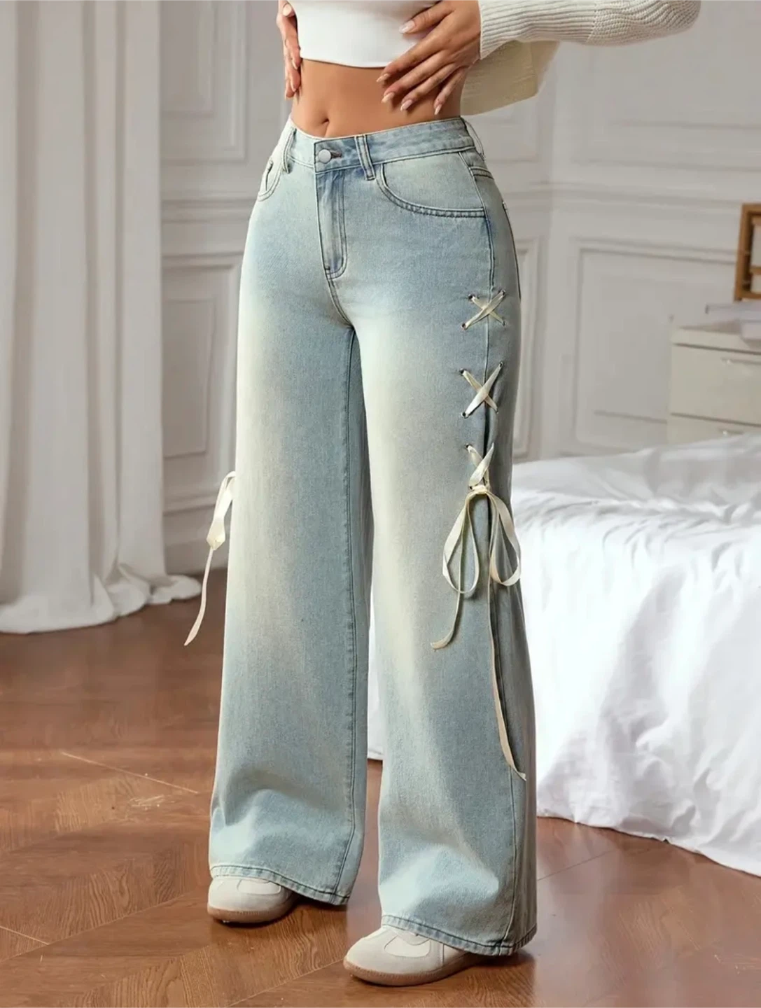 New Light Wash Wide Leg Jeans with Lace-Up Detail