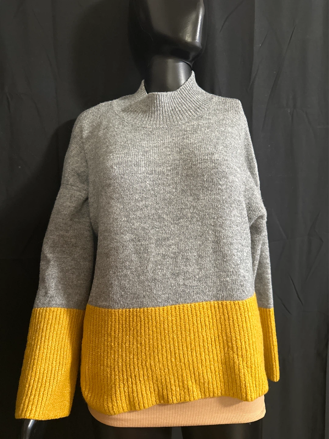 Gray and Yellow Color Block Mock Neck Sweater