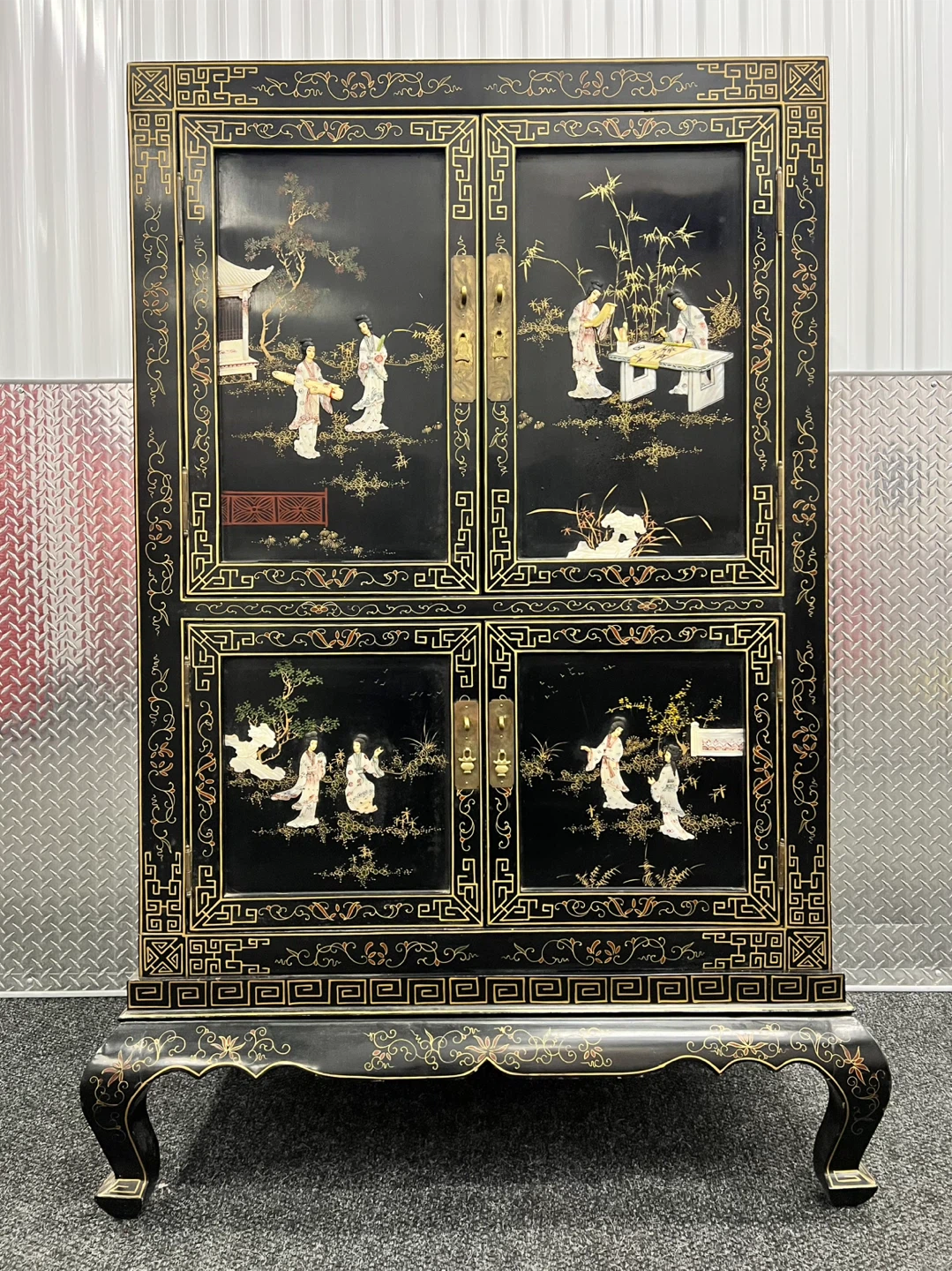 Vintage Black Lacquer Cabinet w Mother of Pearl Inlay