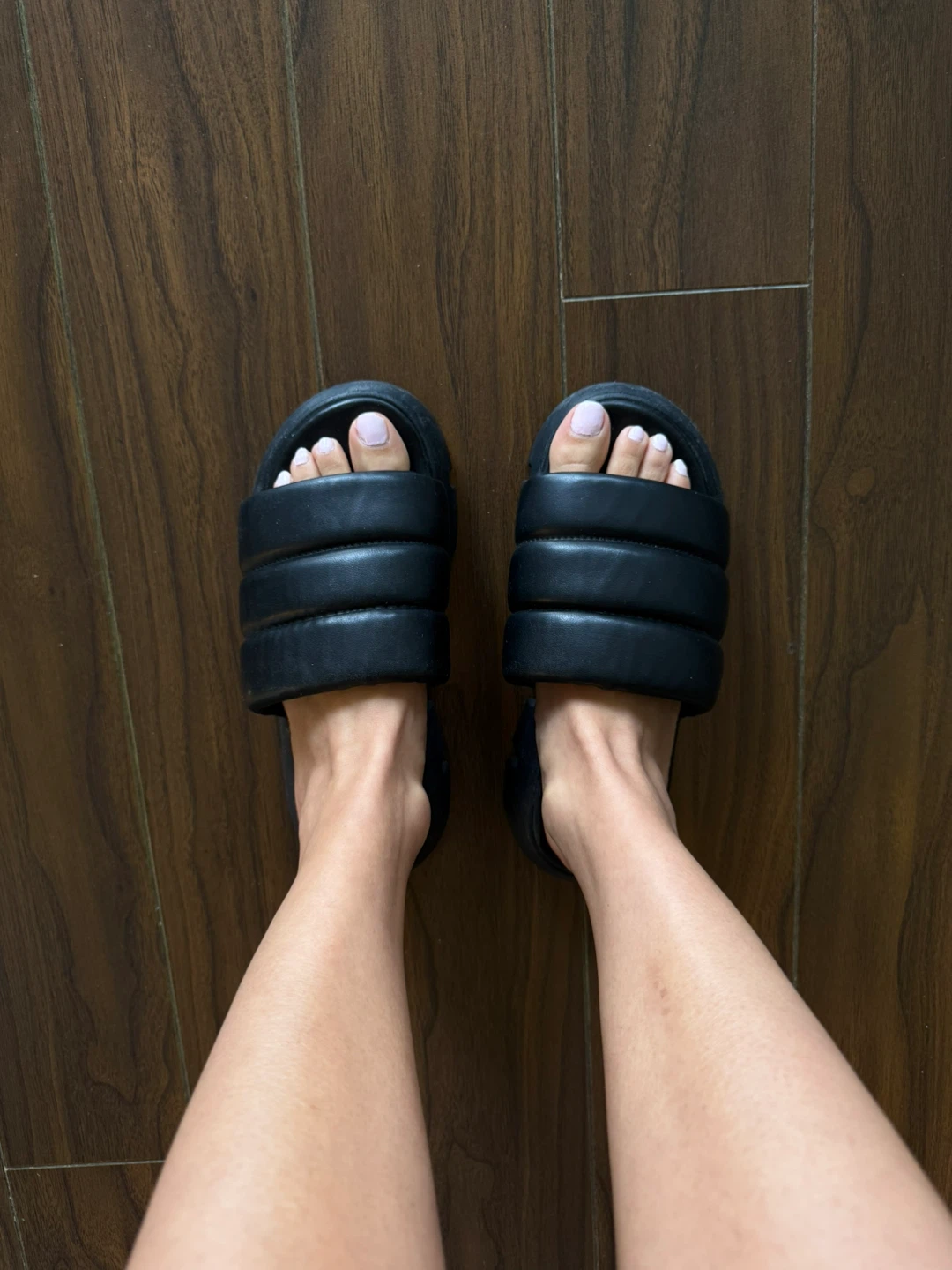 Black Leather Puffy Slides