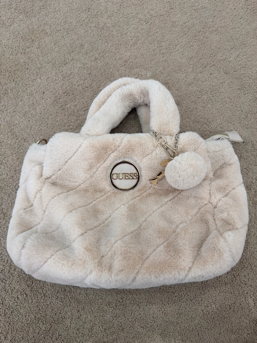 Guess Faux Fur Tote Bag Cream