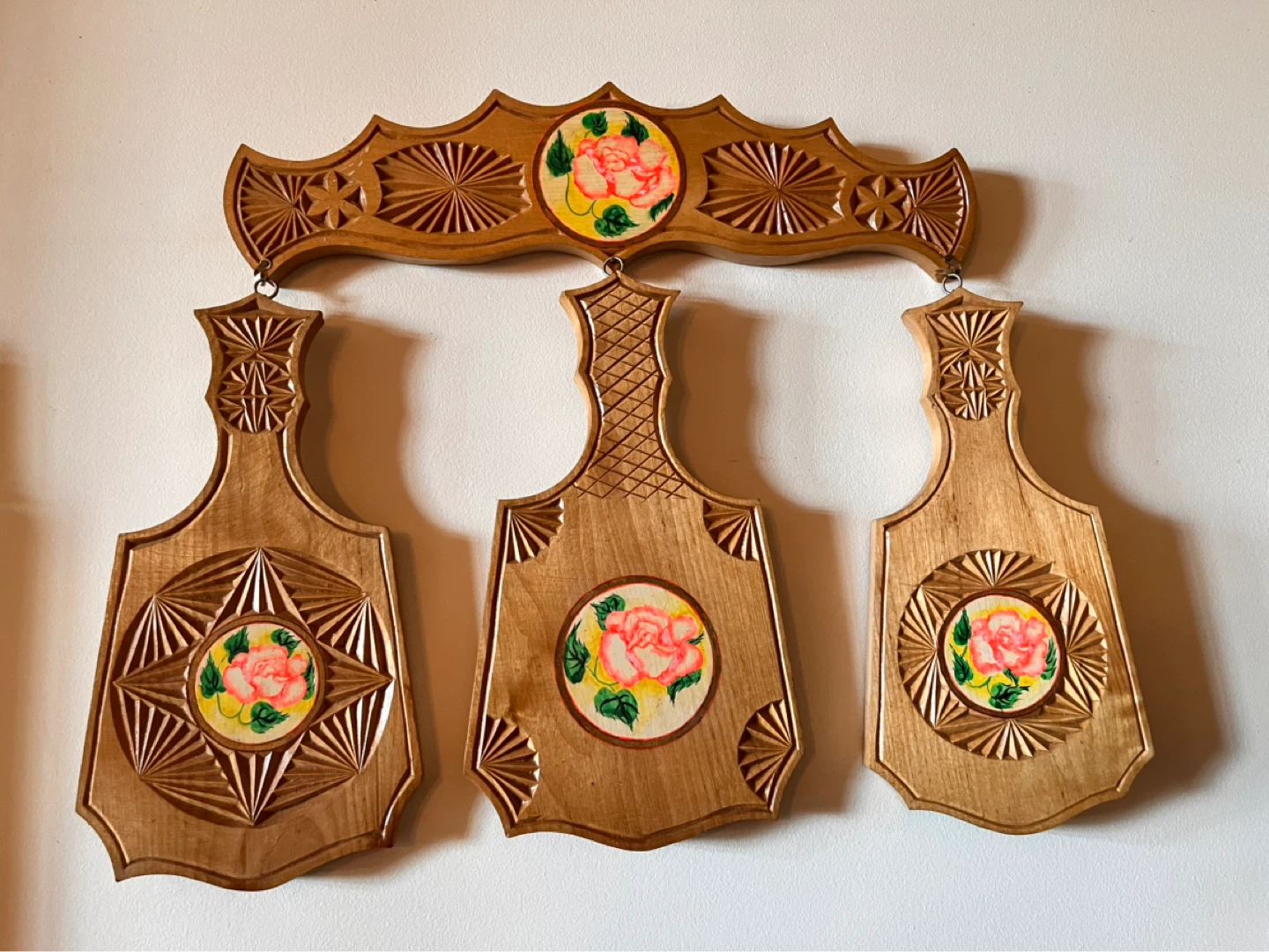 NEW Hand Made 3 Wooden Cutting Boards with Rose Design