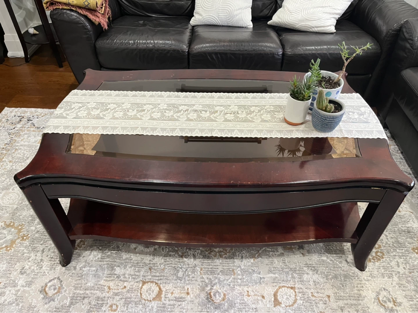 Dark Wood Coffee Table with Glass Inlay