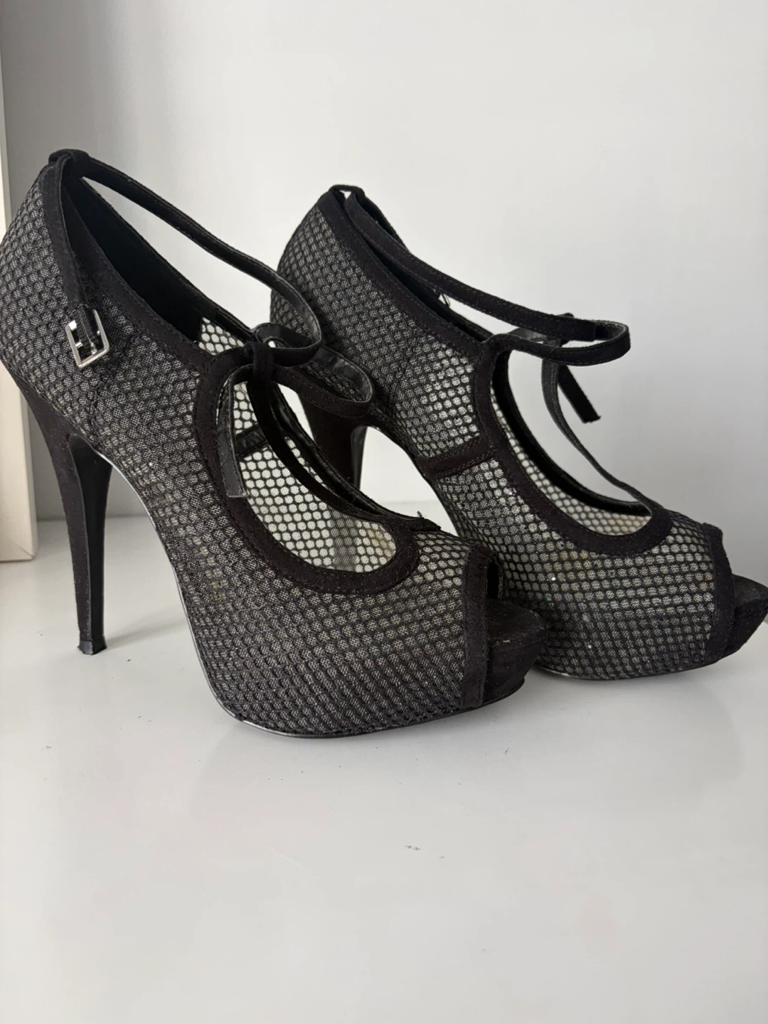 Le Chateau Black Mesh High Heel Shoes with Ankle Strap