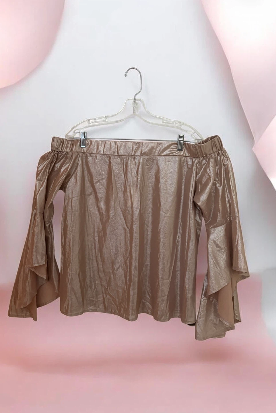 Say What? Women's 1X Off-the-Shoulder Metallic Flare Sleeve Top