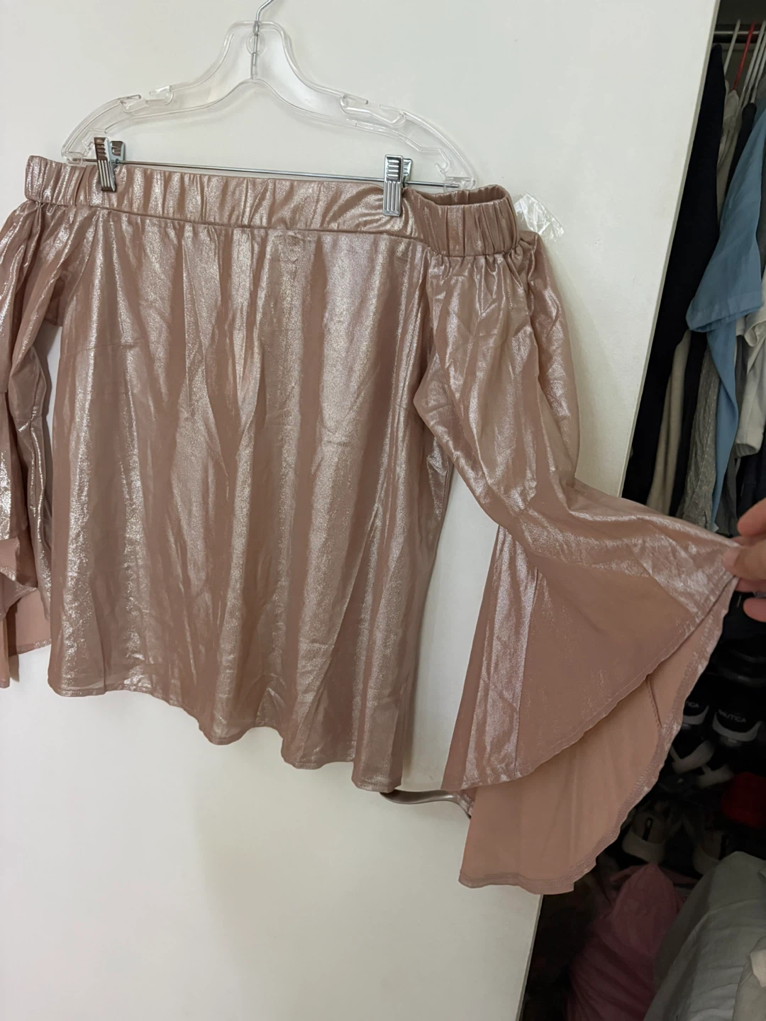 Say What? Women's 1X Off-the-Shoulder Metallic Flare Sleeve Top - photo 2