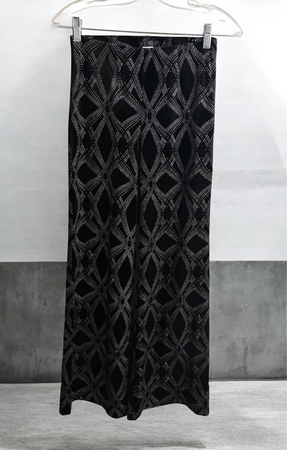 Venus Black Velvet Diamond Pattern Wide Leg Pants Size S - photo 5