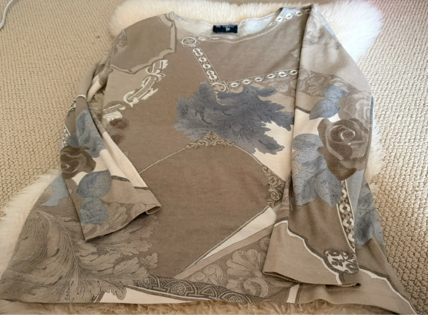Printed Long Sleeve Top - Beige/Blue