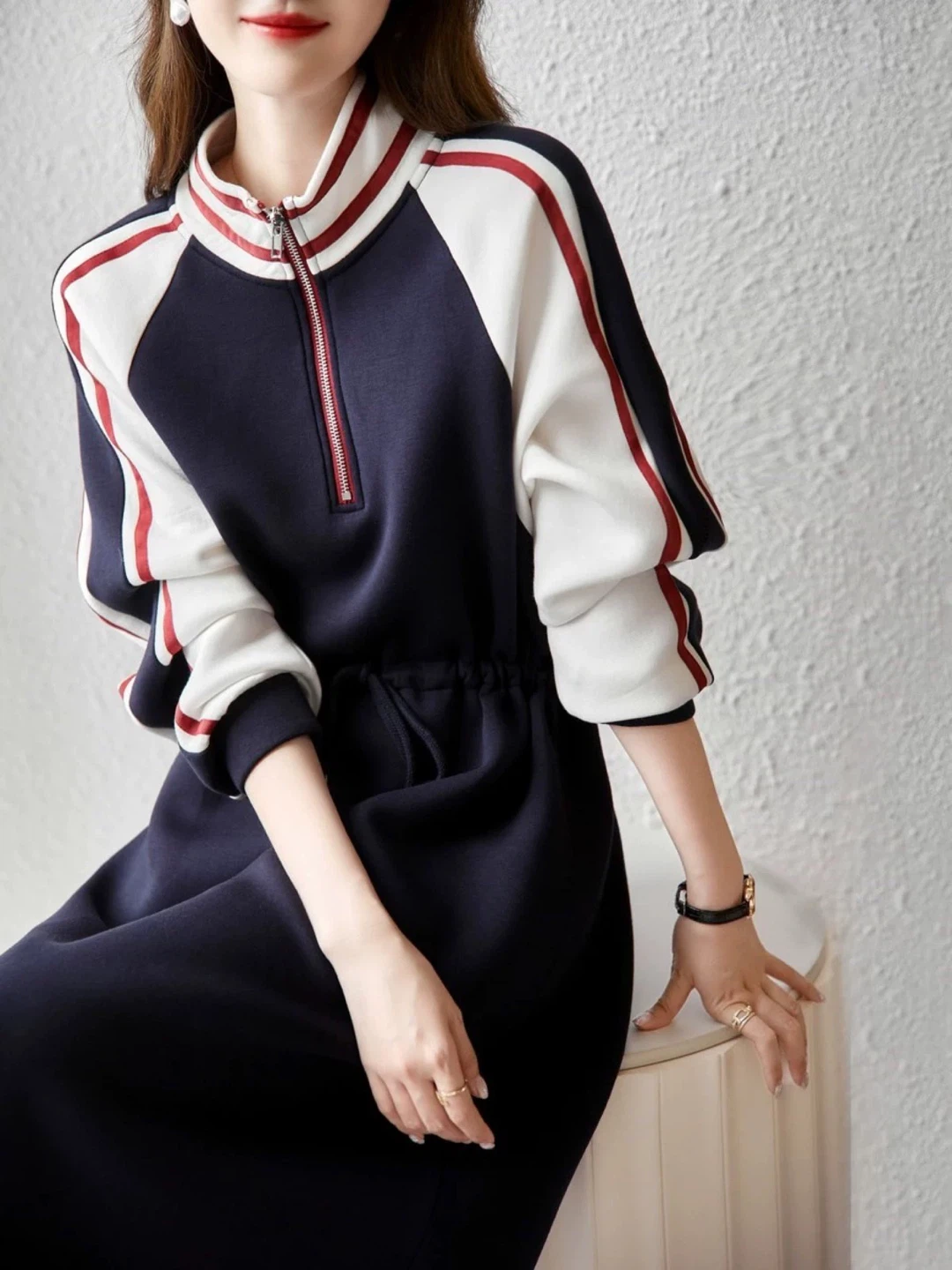 Navy Blue & White Colourblock Zip-Up Dress