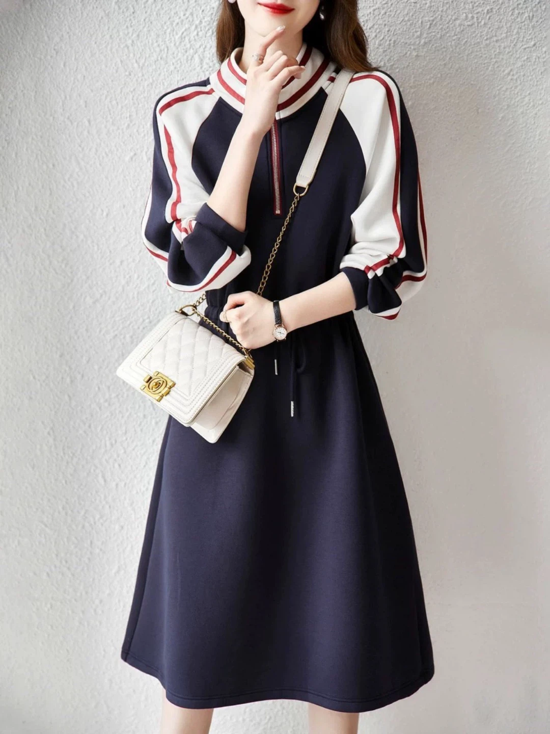 Navy Blue & White Colourblock Zip-Up Dress - photo 2