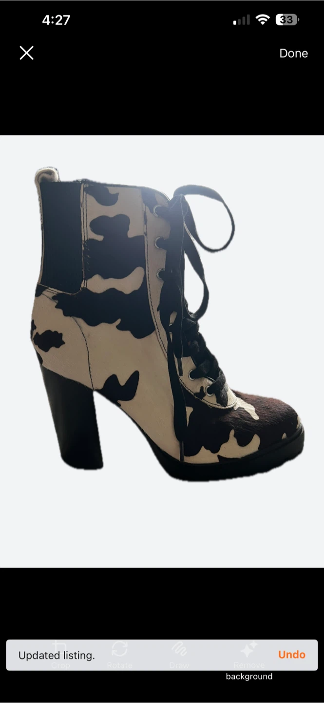 Cow Print Lace-Up Heeled Boots