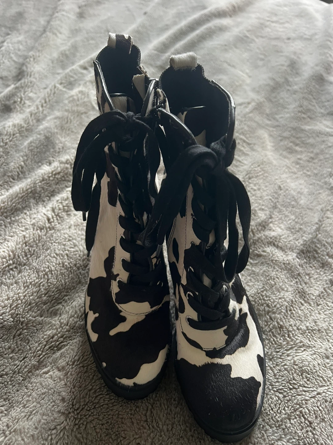 Cow Print Lace-Up Heeled Boots - photo 2