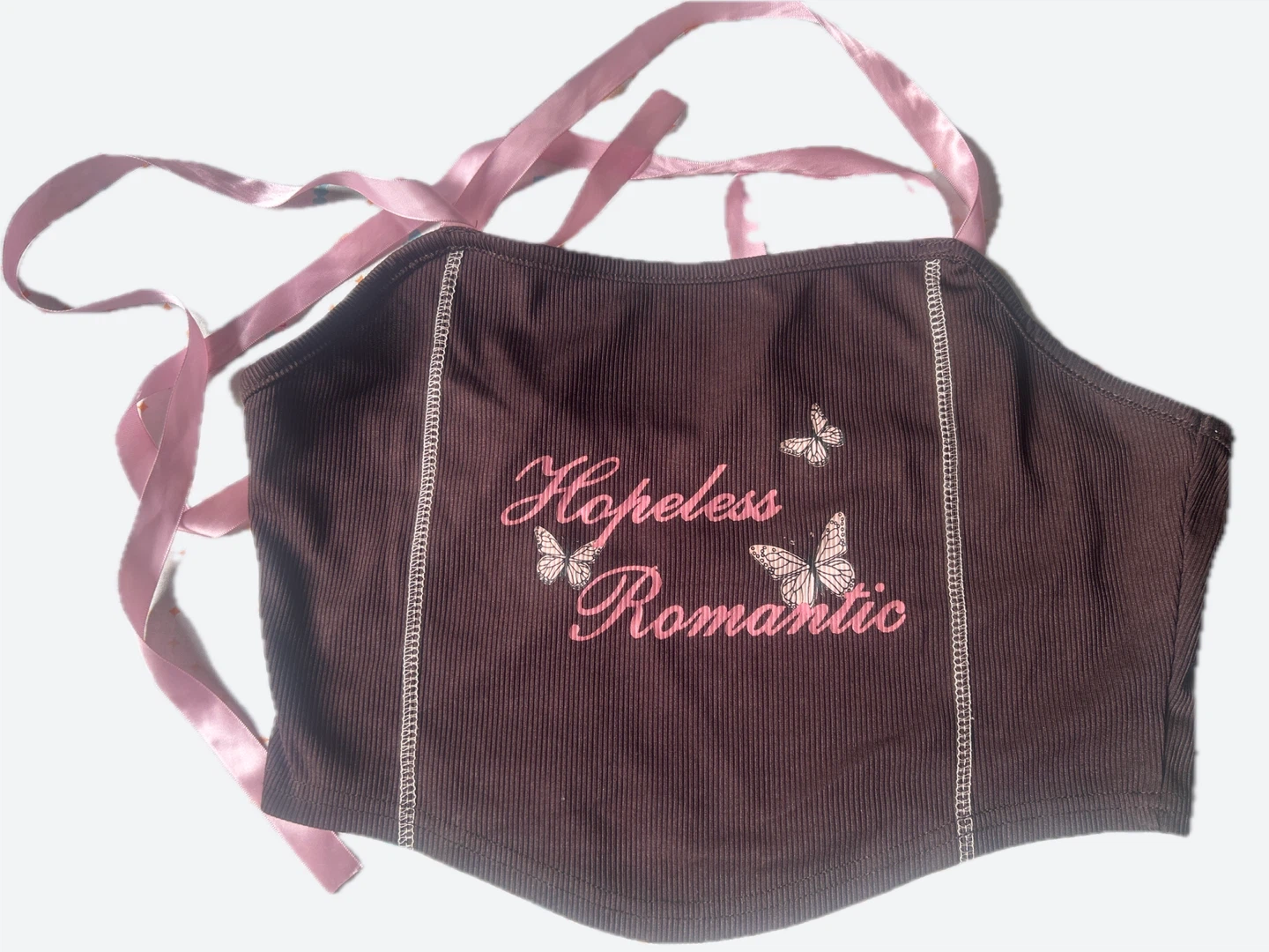 Brown Corset Top with Pink Ribbons