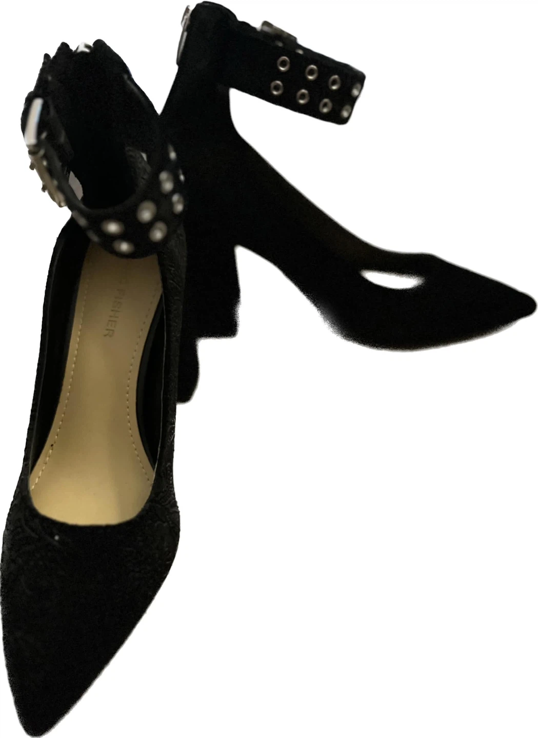 Black Suede Studded Ankle Strap Heels by Fisher