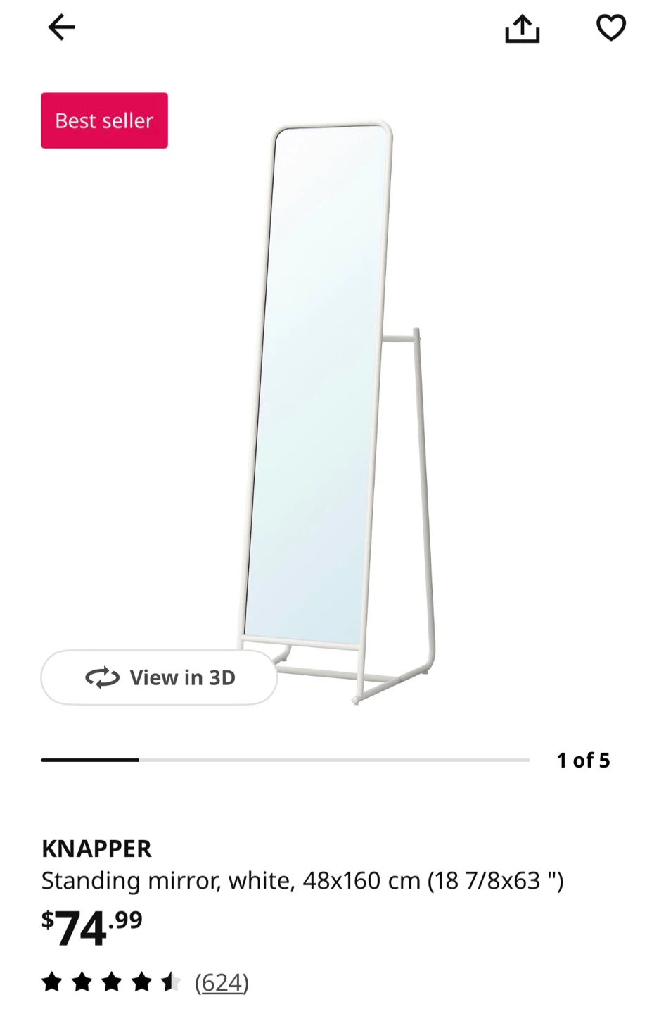 IKEA KNAPPER Standing Mirror White 48x160 cm