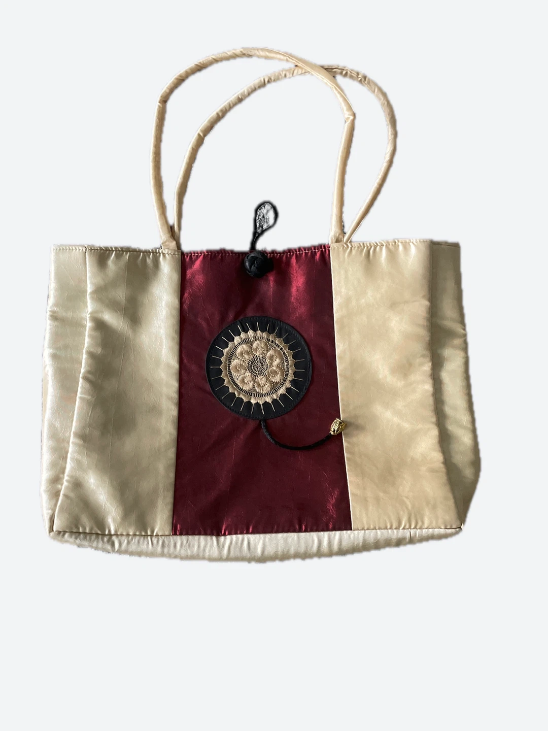 Cream and Burgundy Tote Bag with Decorative Embellishment