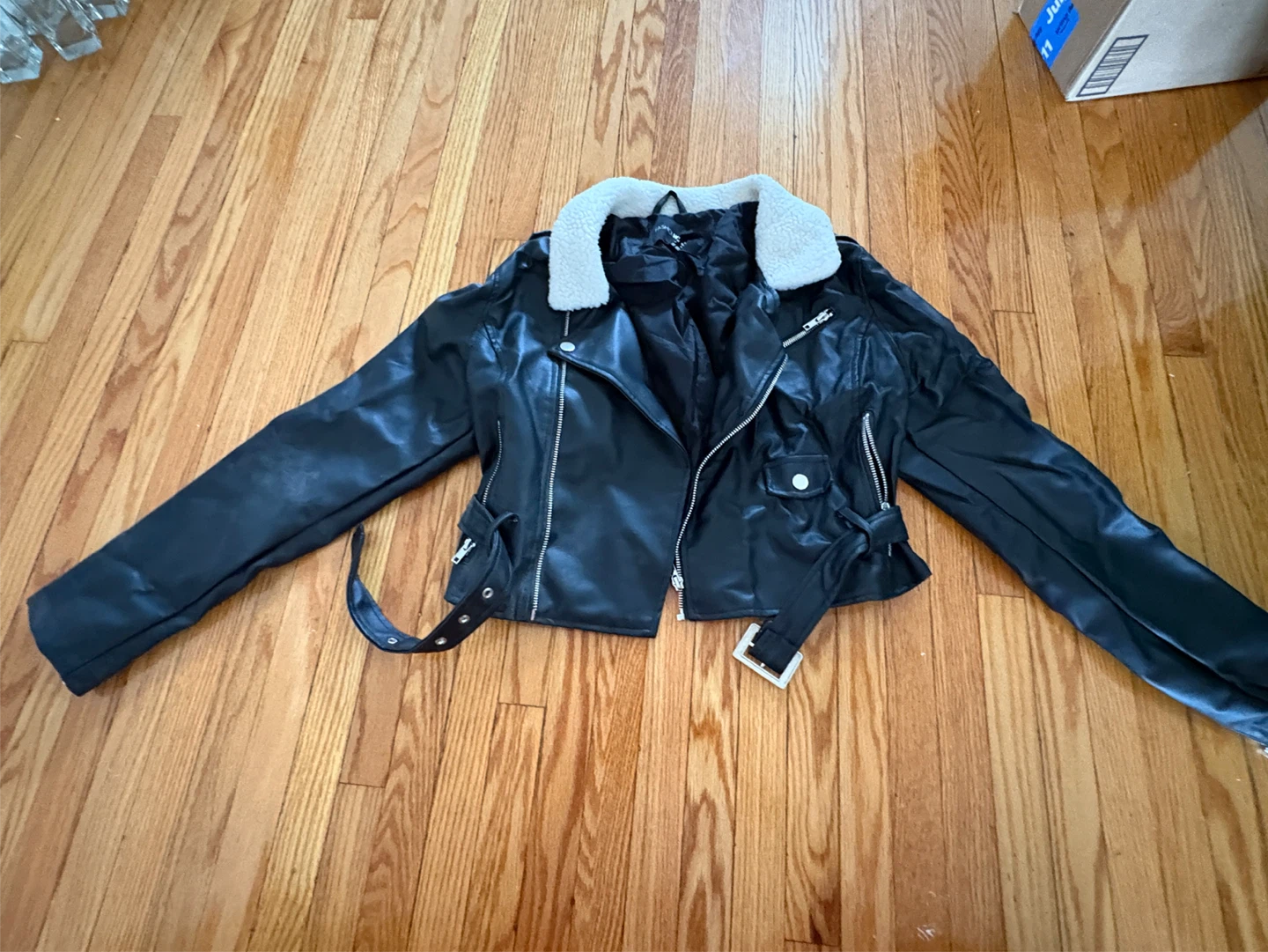 Women's Black Faux Leather Moto Jacket with Shearling Collar
