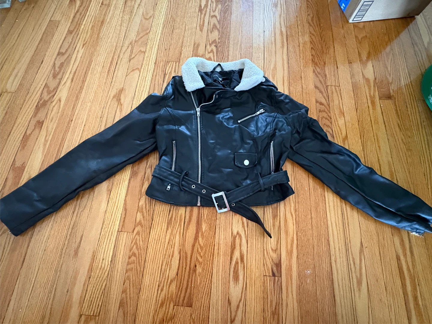 Women's Black Faux Leather Moto Jacket with Shearling Collar - photo 2