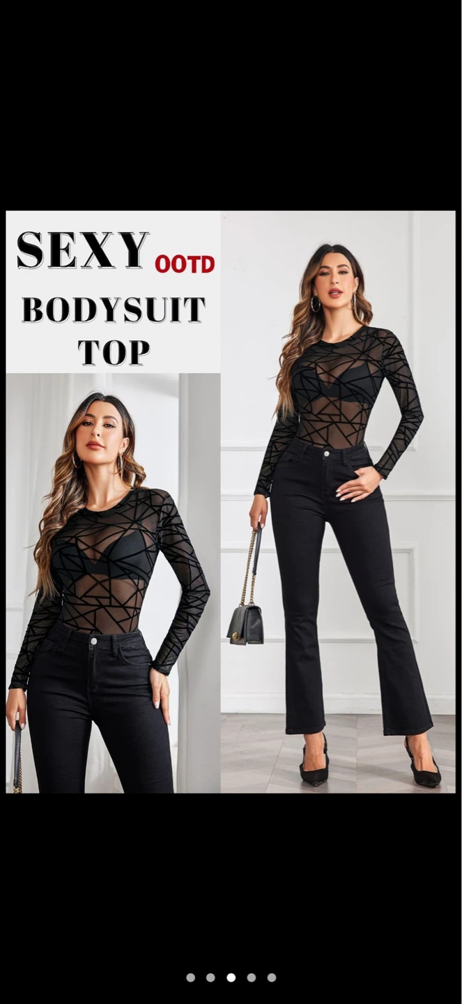 Sheer Black Geometric Pattern Long Sleeve Bodysuit Size S - photo 5