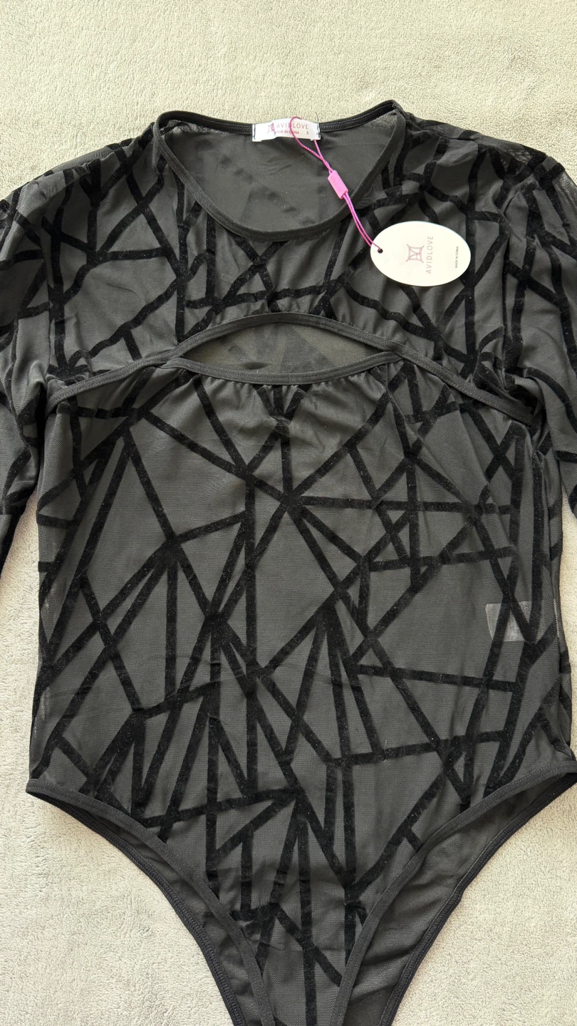 Sheer Black Geometric Pattern Long Sleeve Bodysuit Size S - photo 2