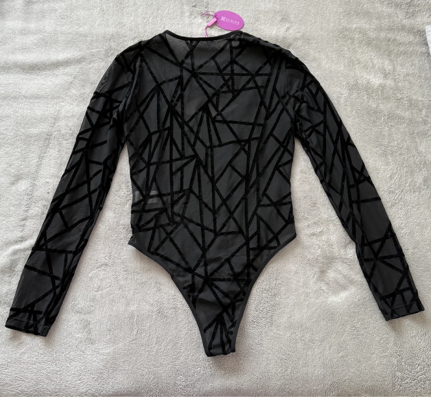 Sheer Black Geometric Pattern Long Sleeve Bodysuit Size S - photo 3