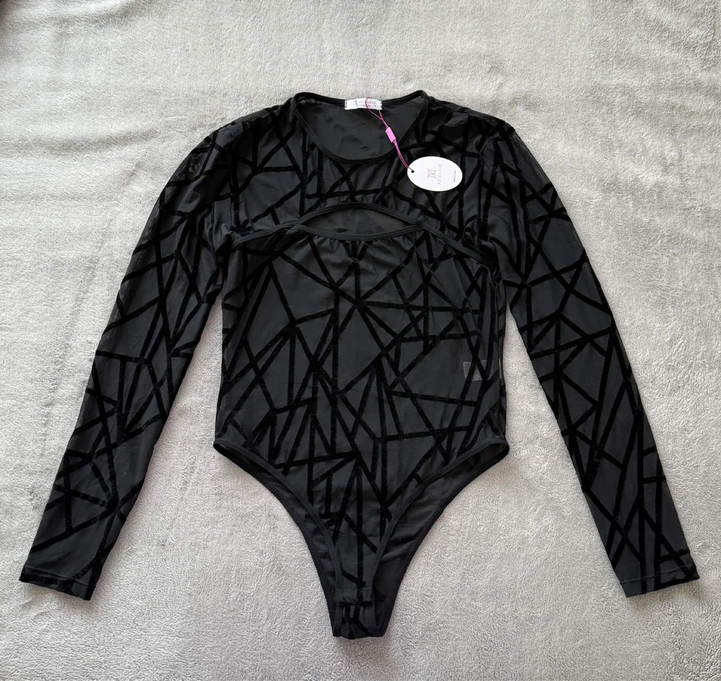 Sheer Black Geometric Pattern Long Sleeve Bodysuit Size S
