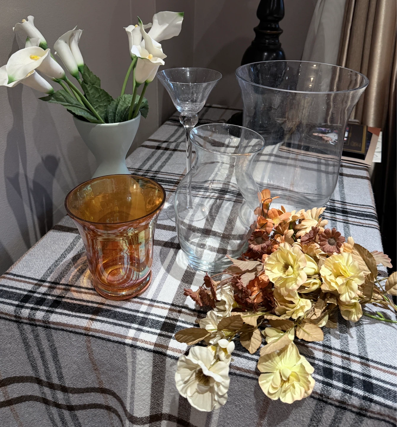 Assorted Glass Vases and Artificial Flowers