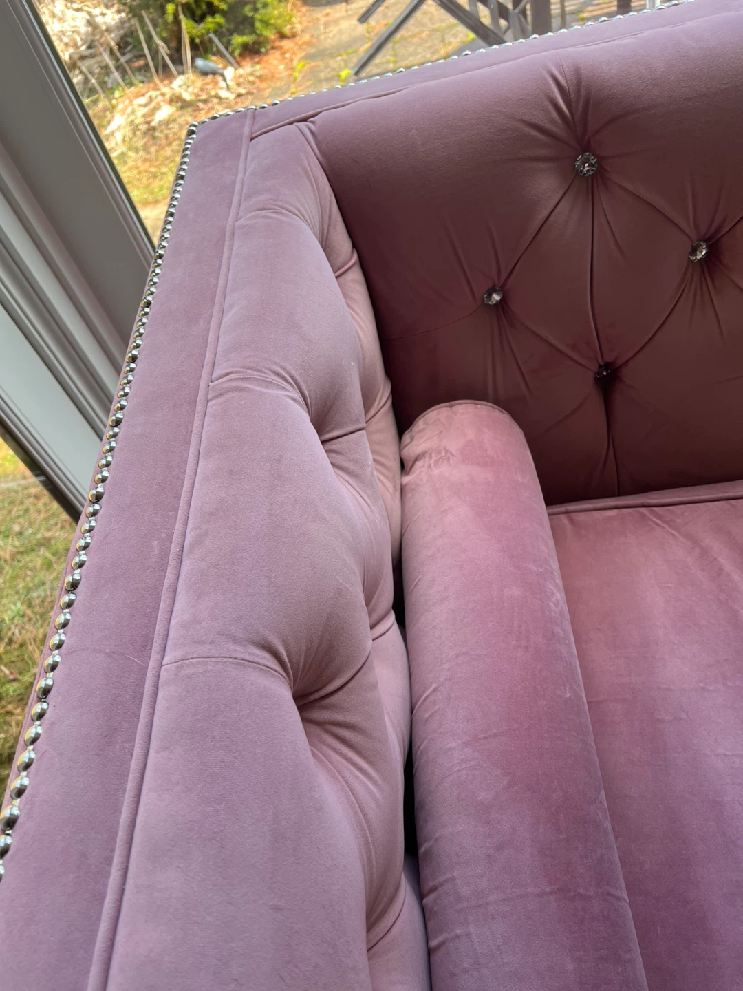 Pink Velvet Tufted Sofa with Rolled Arms - photo 5