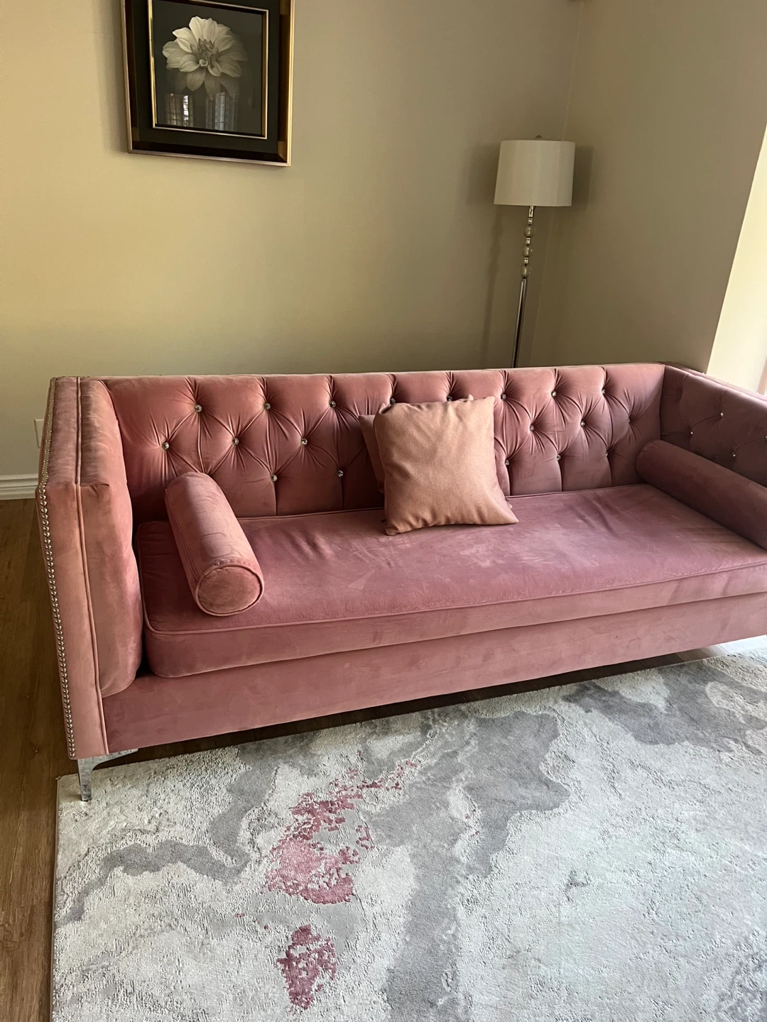Pink Velvet Tufted Sofa with Rolled Arms - photo 3