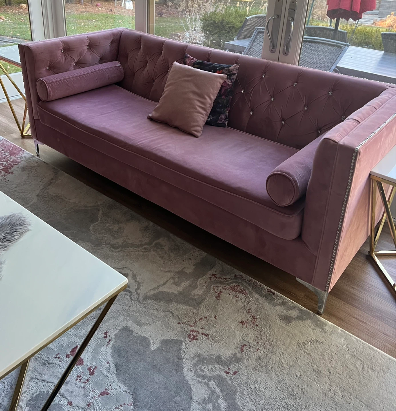 Pink Velvet Tufted Sofa with Rolled Arms