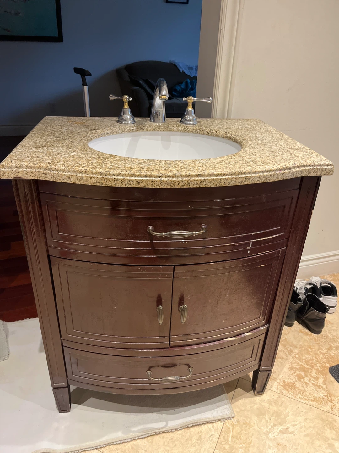 Dark wood Bathroom Vanity with Granite Top and Sink