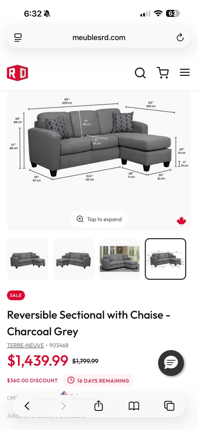 Reversible Sectional with Chaise - Charcoal Grey - photo 2