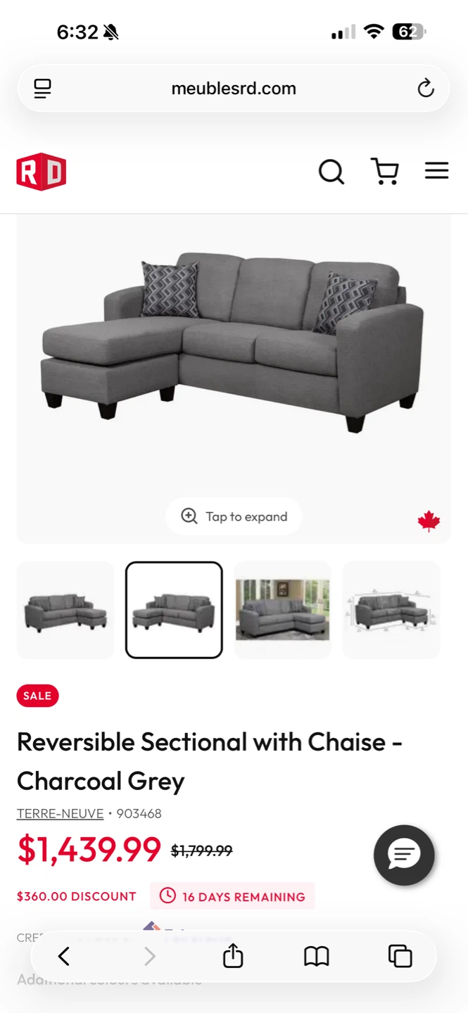 Reversible Sectional with Chaise - Charcoal Grey