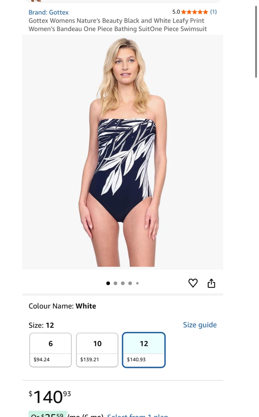 Gottex Black and White Leafy Print One Piece Swimsuit - Size 12
