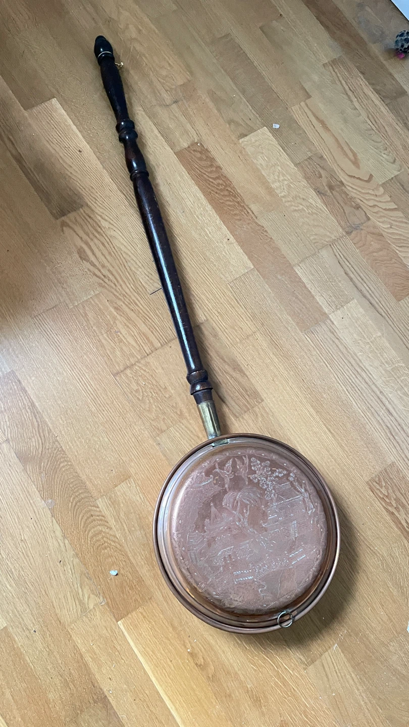 Antique Copper Warming Pan with Embossed Scene