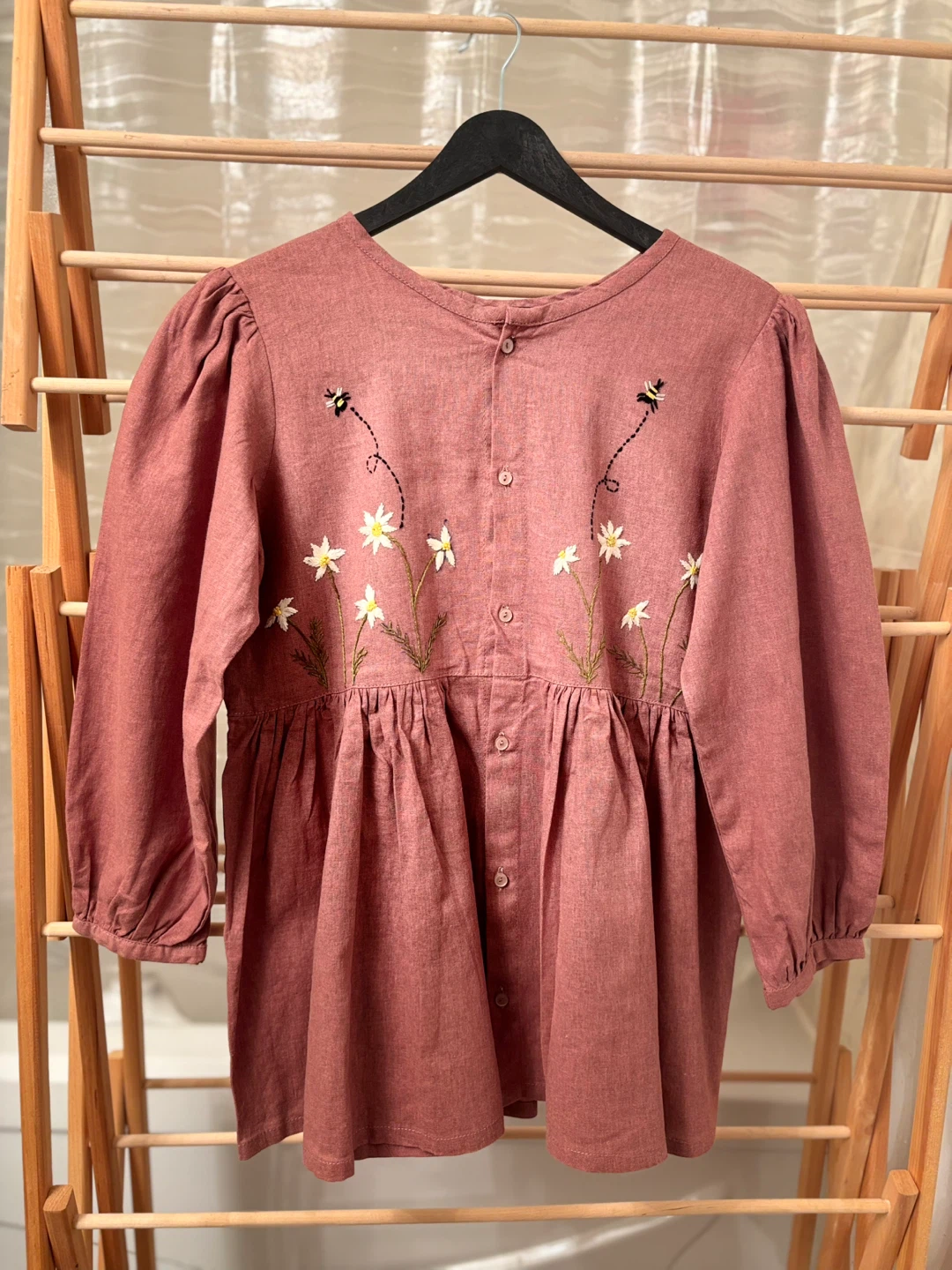 Pink Embroidered Dress with Bees and Daisies