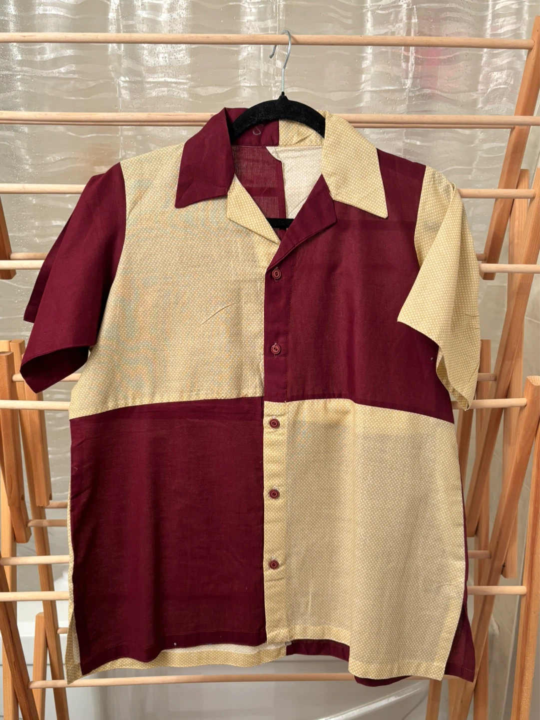 Cotton Maroon and Beige Button-Up Short Sleeve Shirt