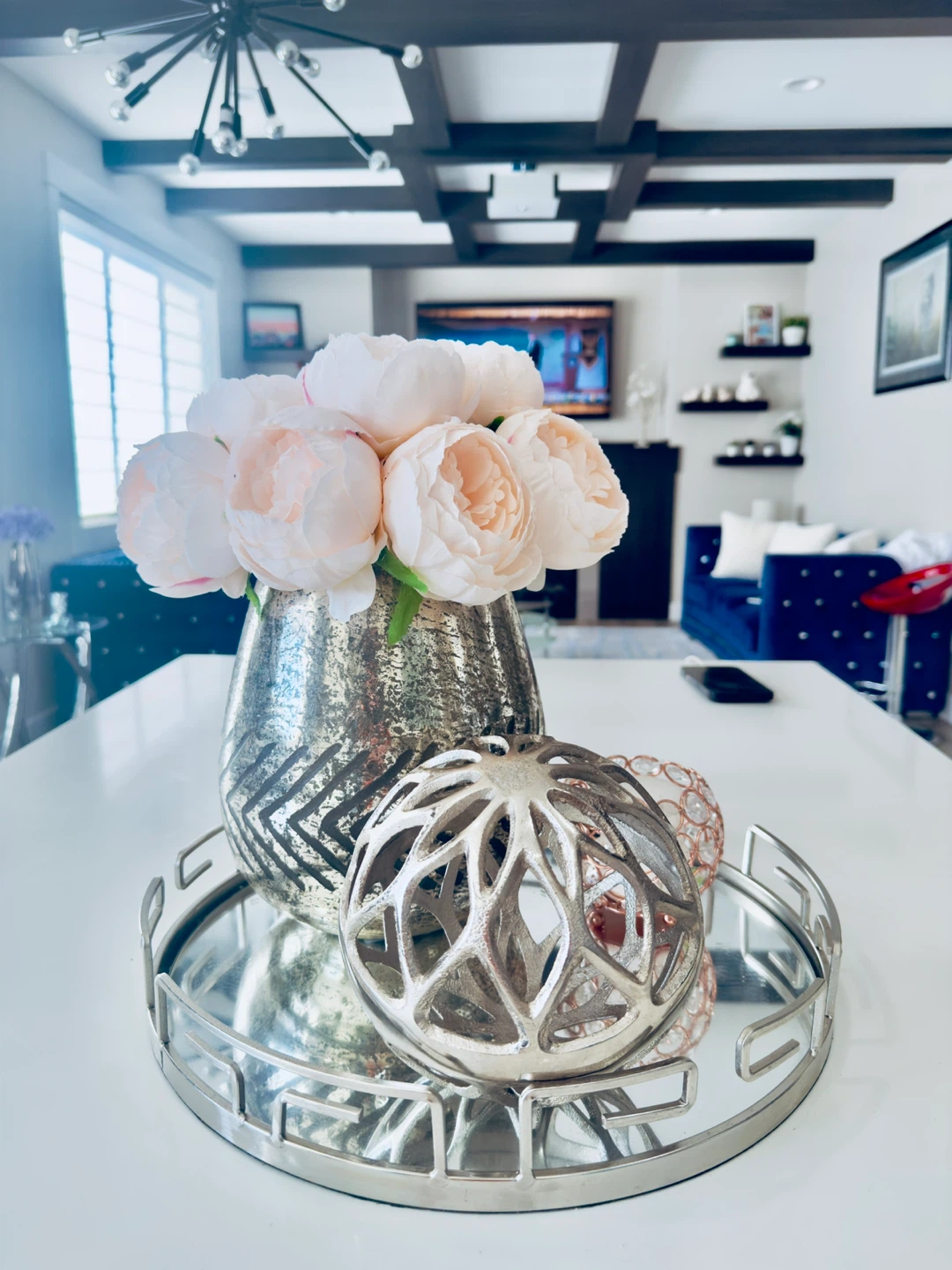 Decorative Tray with Ornaments and Faux Flowers