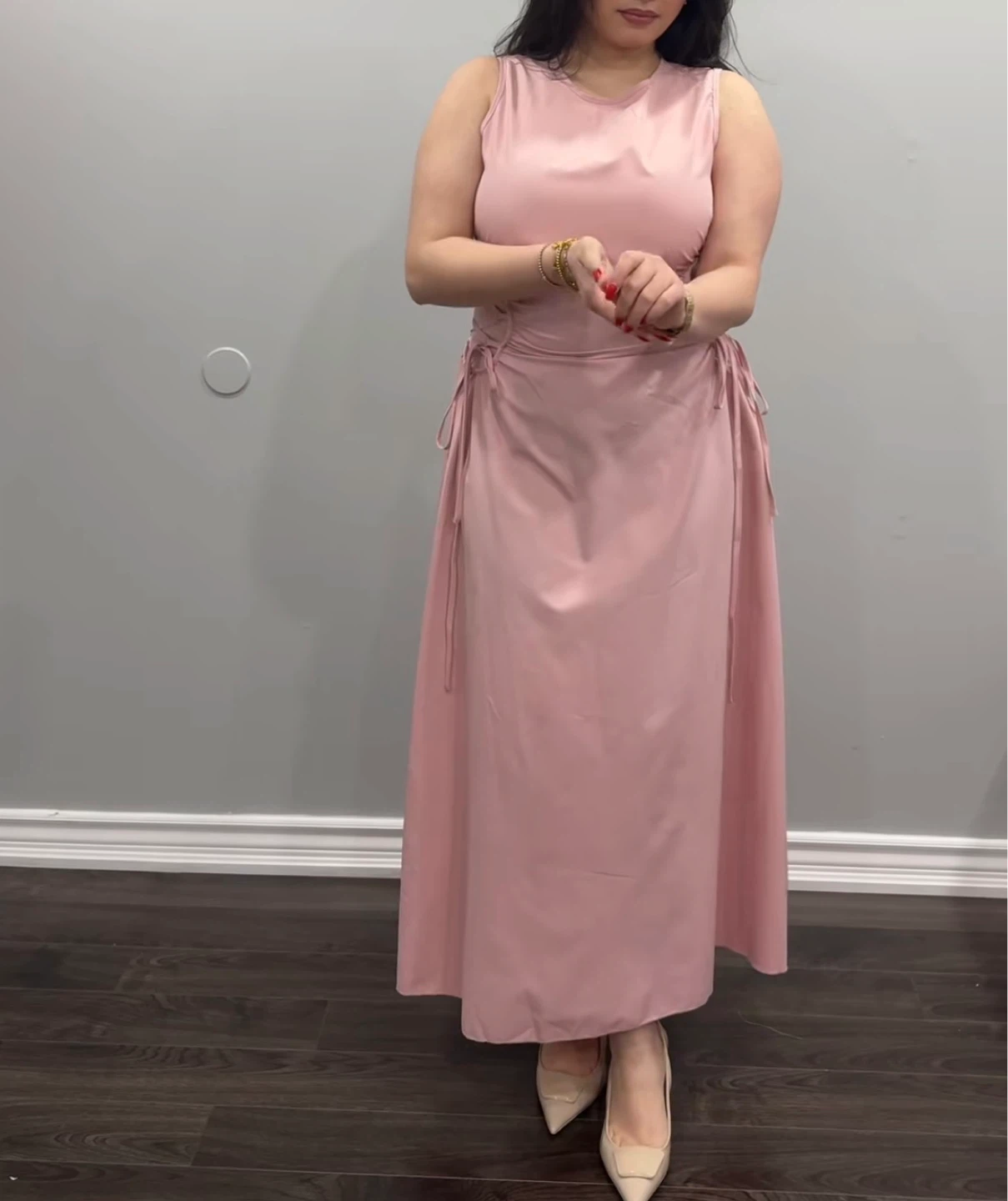 Pink Ruched Midi Dress