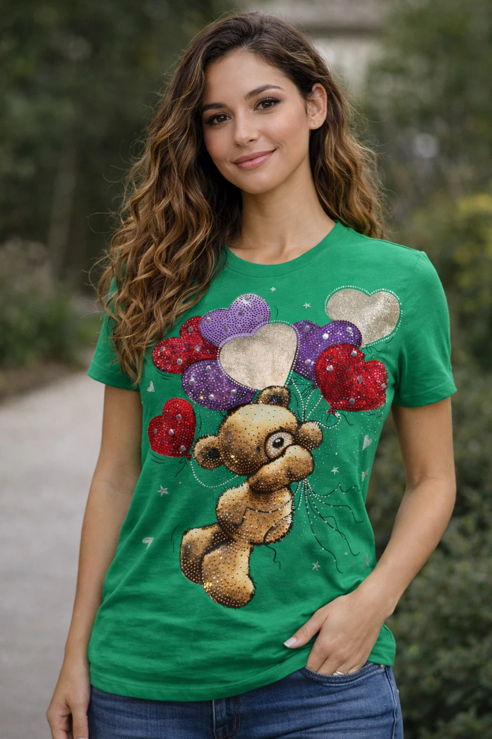 Green T-Shirt with Teddy Bear and Hearts Design