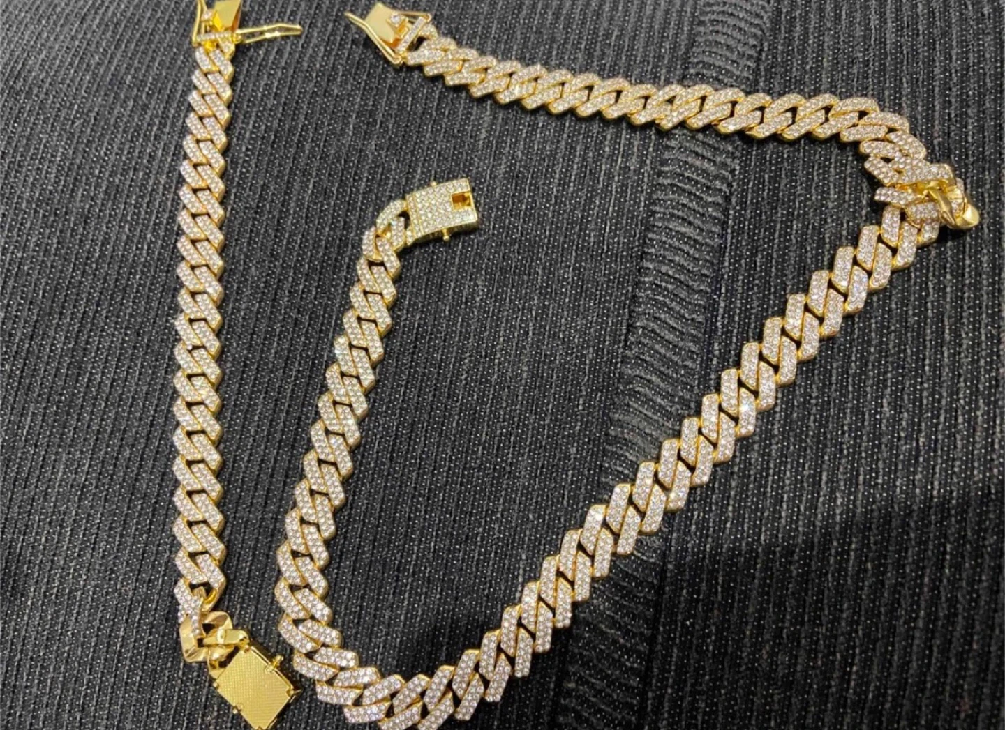 Gold Iced Out Cuban Link Chain and Bracelet Set