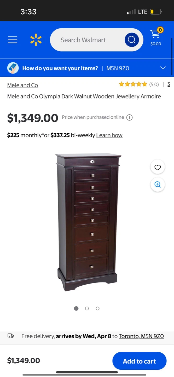 Mele & Co. Olympia Dark Walnut Jewellery Armoire