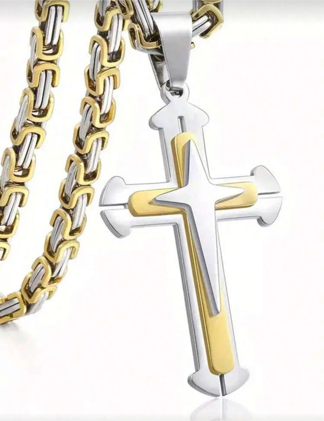 Stainless Steel Cross Pendant Necklace - Gold and Silver Toned - photo 2