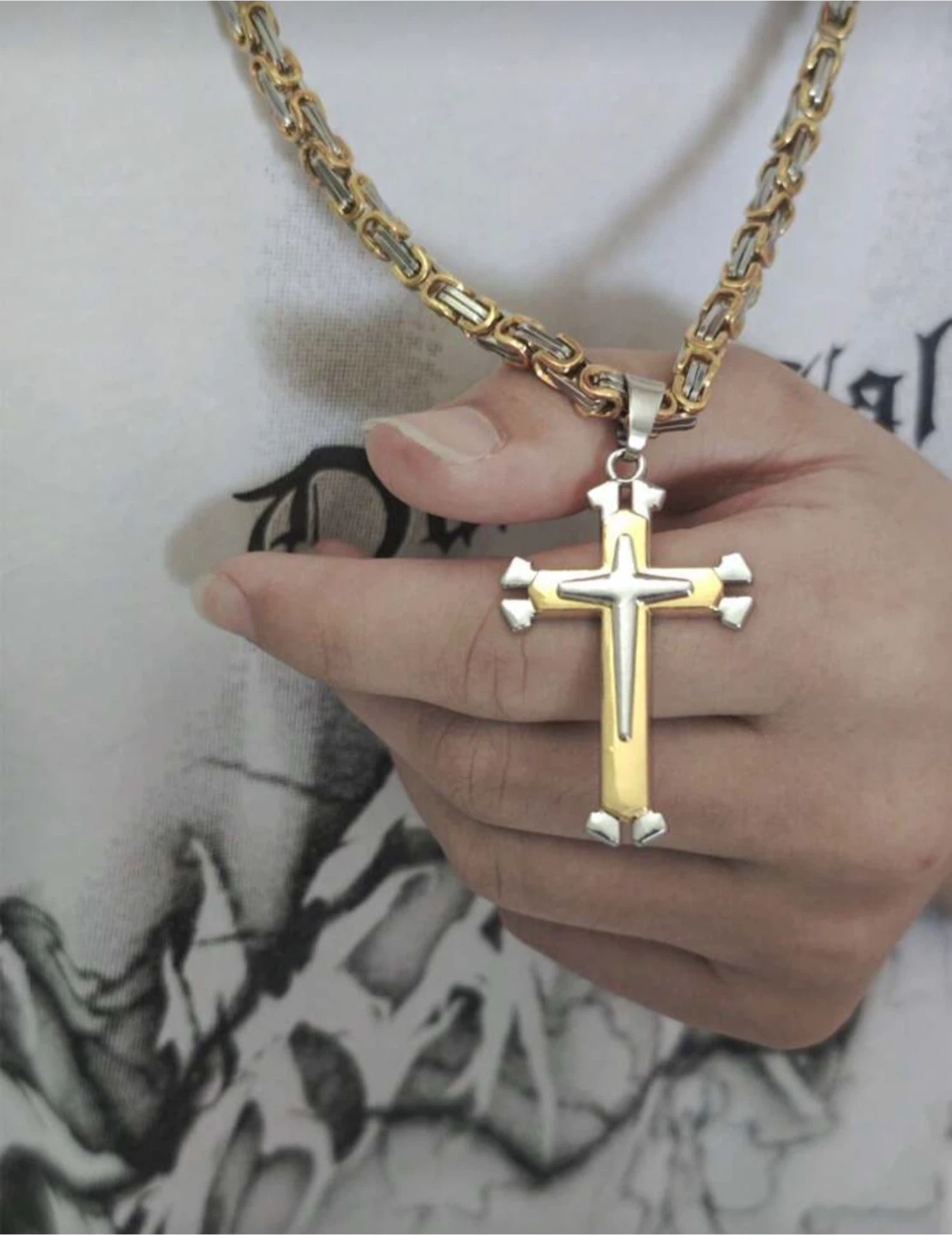 Stainless Steel Cross Pendant Necklace - Gold and Silver Toned - photo 3