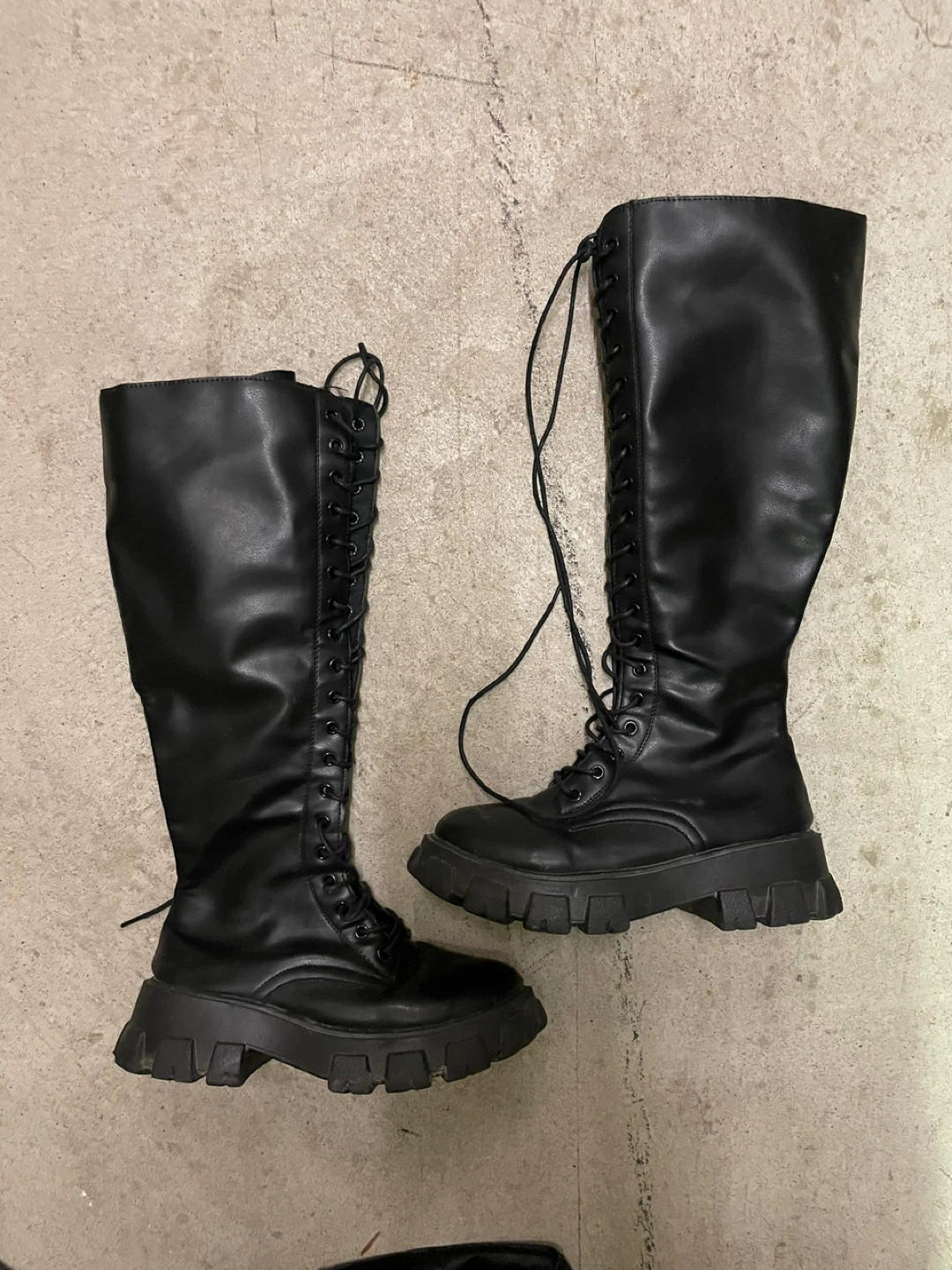 Black Lace-Up Knee-High Boots - Size 38