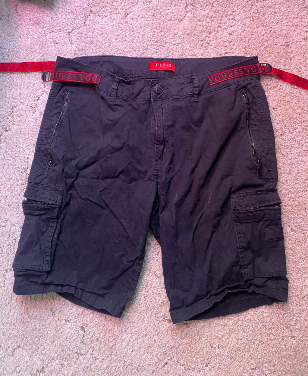 Guess Black Cargo Shorts with Red Logo Belt - Size 34