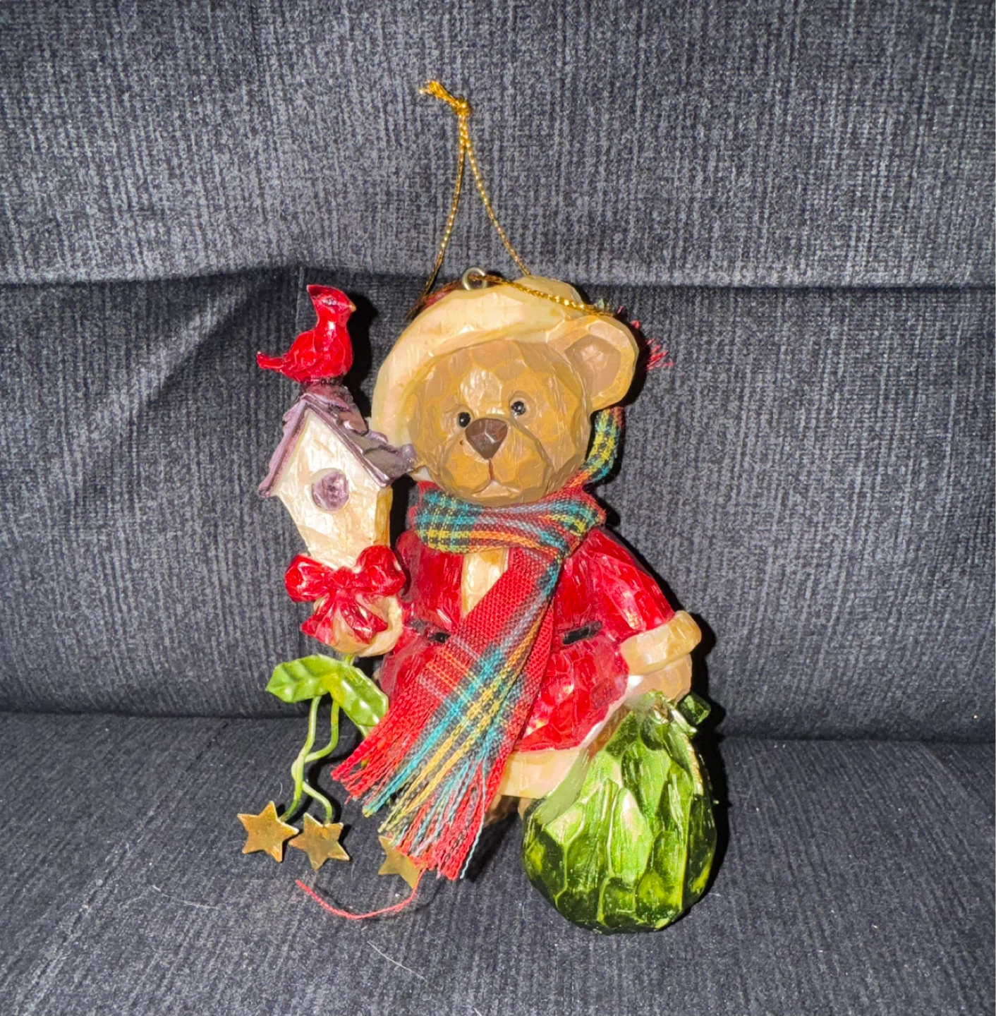 Christmas Teddy Bear Ornament with Birdhouse