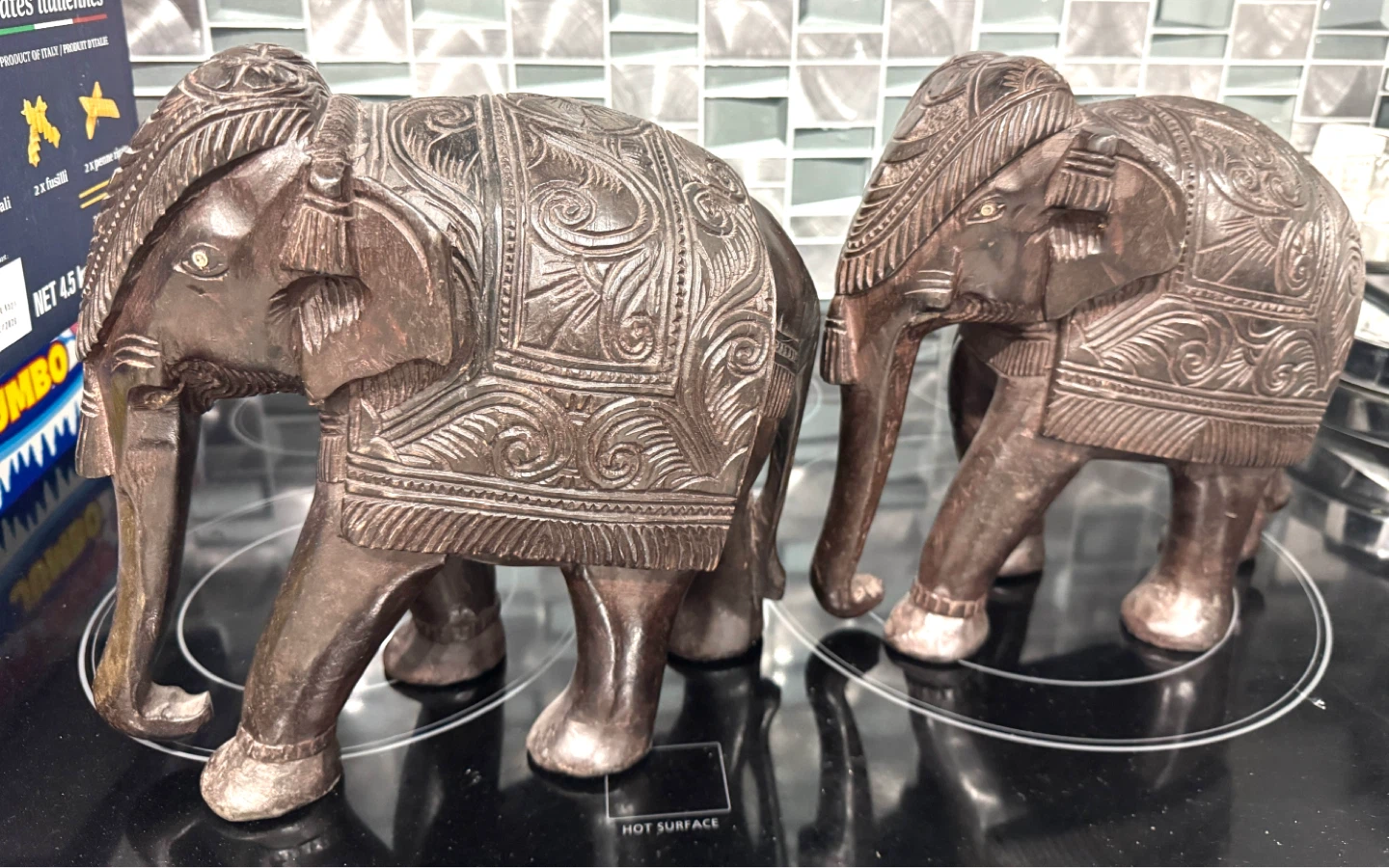 Set of 2 Carved Wooden Elephants