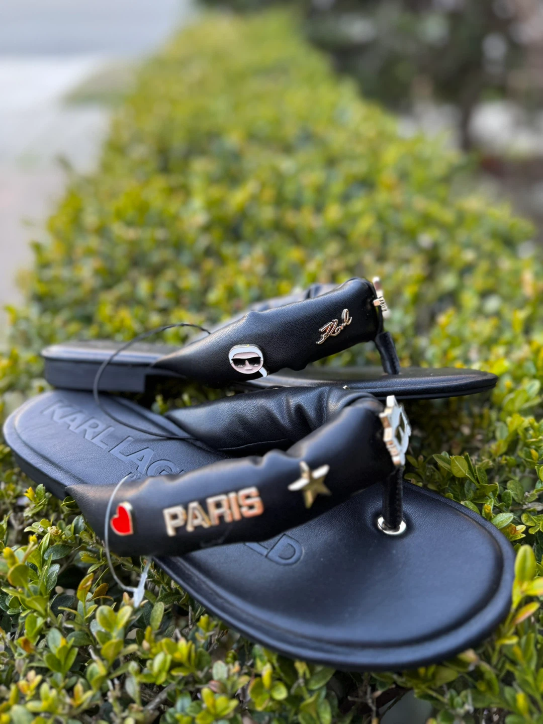 Karl Lagerfeld Paris Black Cat Embellished Thong Sandals